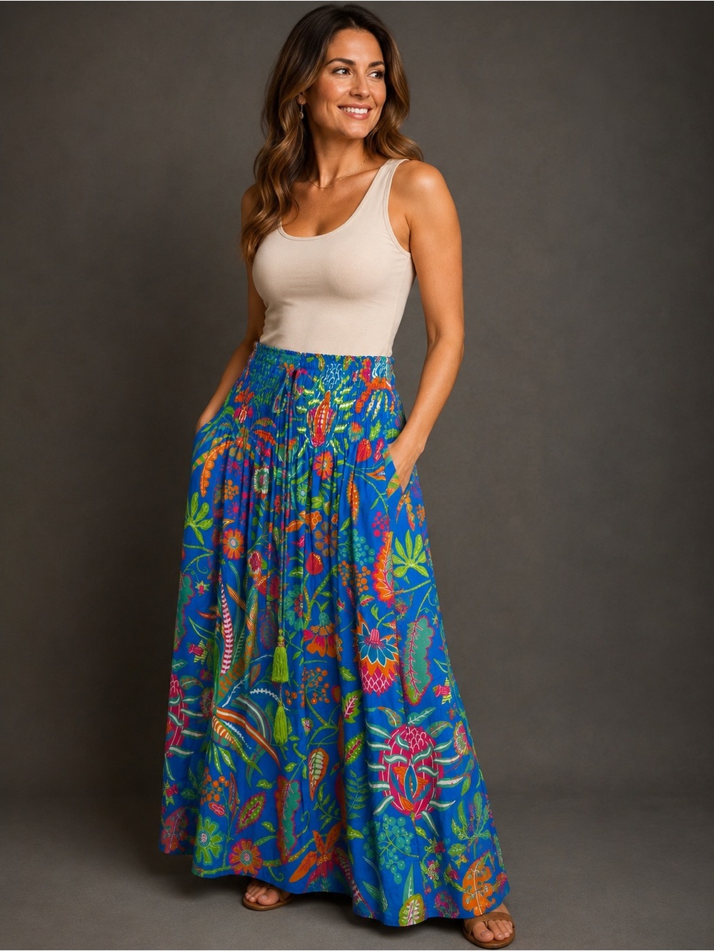 Gretchen Scott Blue Floral Maxi Skirt OS Smocked Waist Pockets Boho Resort